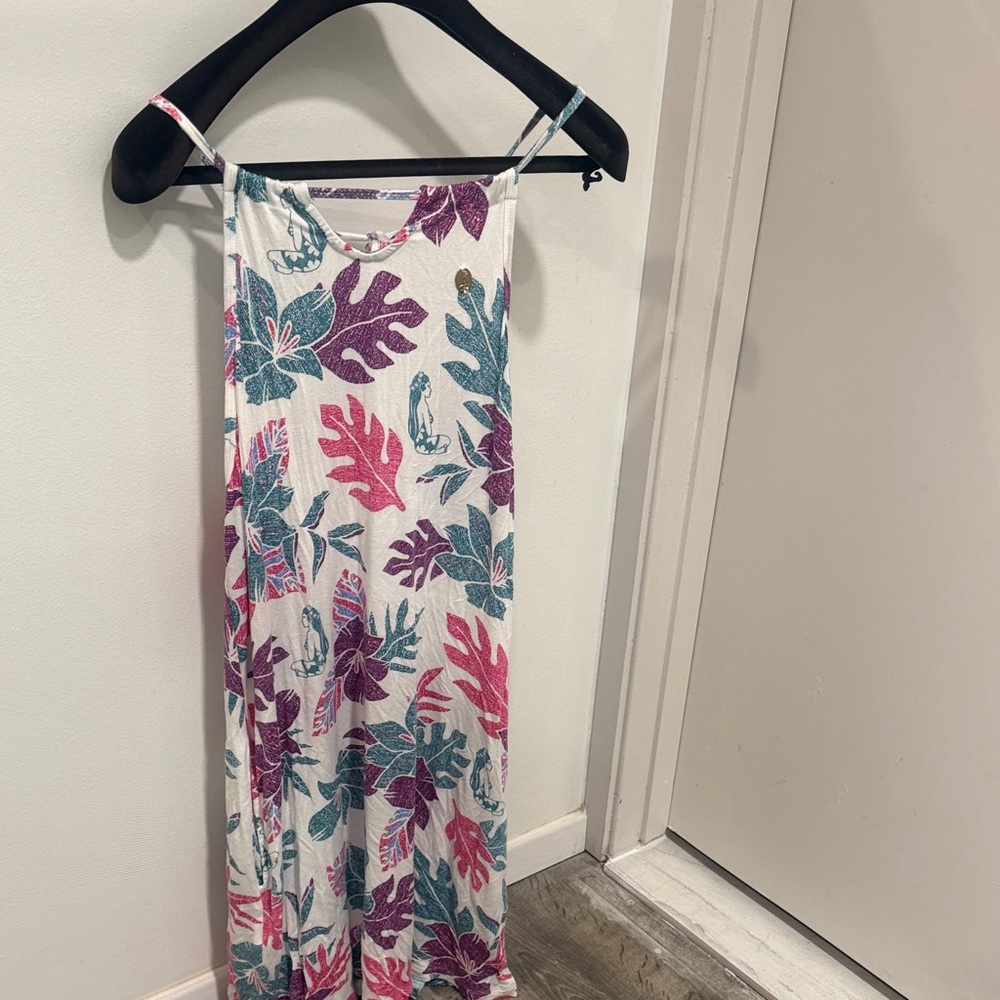 White Midi Sundress with Pink & Teal Tropical Leaf Print